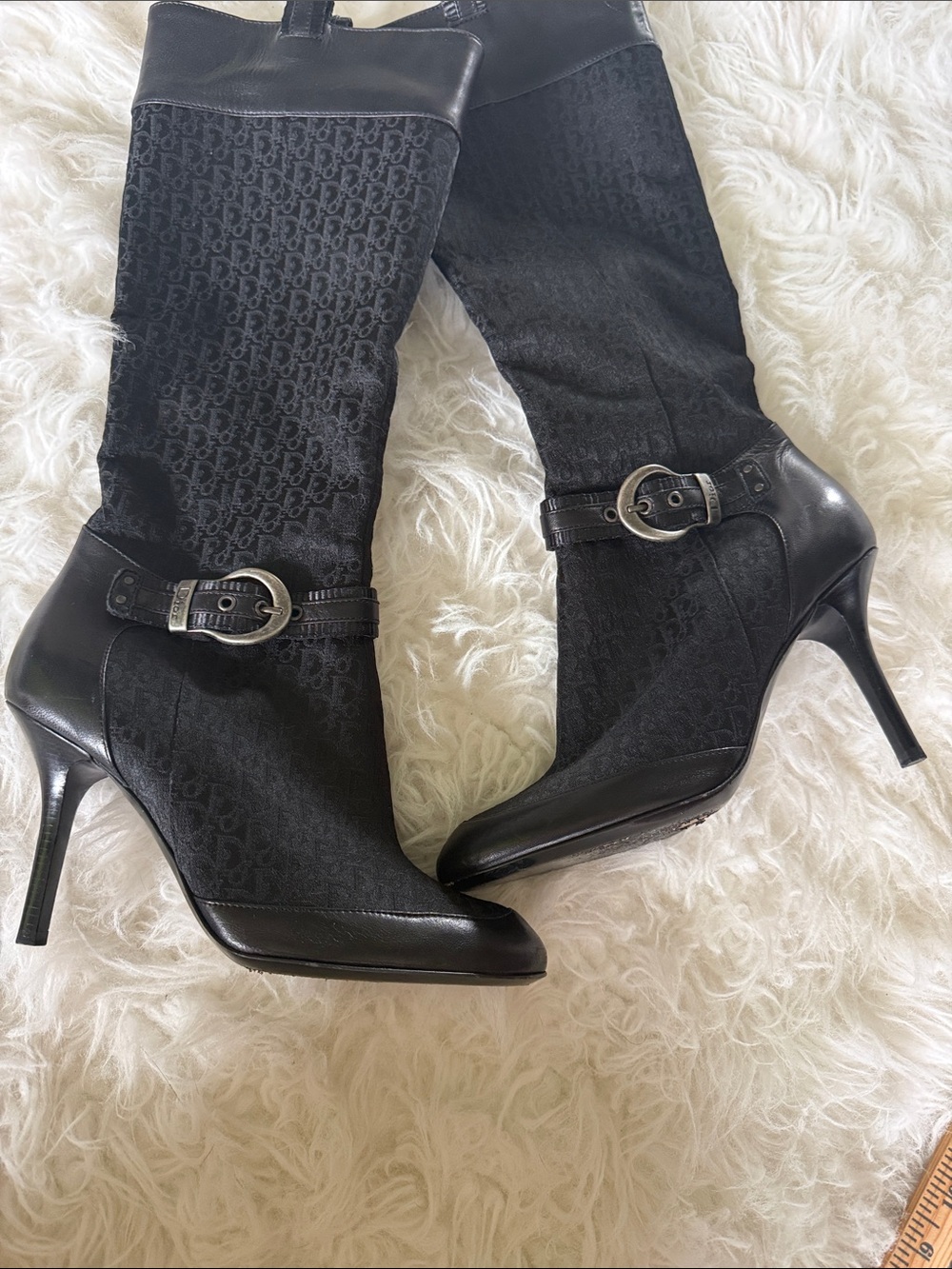 Dior Black Monogram Mid-Calf Stiletto Boots with Buckle Strap